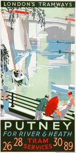 Putney, für Fluss und Heide, London County Council LCC Straßenbahnplakat