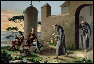 Die Ankunft von Christoph Kolumbus (1451-1506) mit seinem Sohn im Kloster von La Rabida, aus 