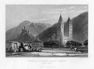 Kirche St. Johann und Burg Lahneck am Rhein, 1838