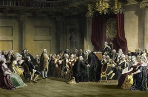 Benjamin Franklin (1706-1790), amerikanischer Philosoph, Physiker und Staatsmann vor den Lords des Geheimen Rates, Whitehall Chapel, London