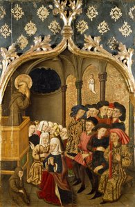 Vision während der Predigt, Detail vom linken Seitenflügel des St. Bernand Altars von Rafael Tomas (aktiv 1455-1479), Predella von Joan Figuera (aktiv ab 1454-gestorben 1477 oder 1479), Tempera auf Holz, 398,9x253 cm