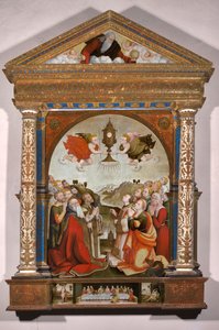 Altarbild der Anbetung des Allerheiligsten Sakraments, in der Predella: Das letzte Abendmahl, Heiliger Sebastian und Heiliger Rochus