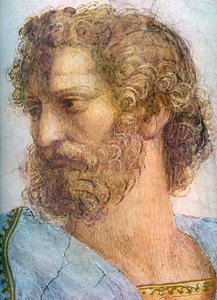 Aristoteles. Stanza della Segnatura. Die Schule von Athen (Detail), 1509-1511