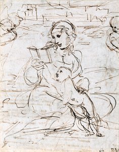 Lesende Madonna mit Kind in einer Landschaft zwischen zwei Cherubimköpfen, 1509 von Raffaello Sanzio Raphael