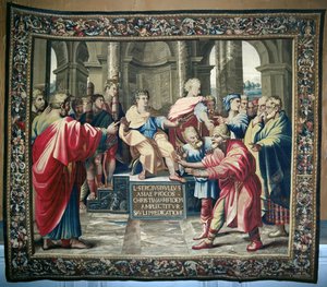 Wandteppich, der die Taten der Apostel darstellt. Die Blendung des Elymas, gewebt in der Beauvais-Werkstatt unter der Leitung von Philippe Behagle, 1695-98