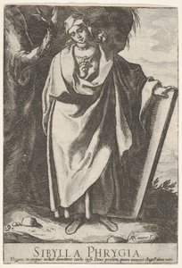 Tafel 9: die phrygische Sibylle hält die Spitze einer Tafel mit ihrer linken Hand und zeigt mit