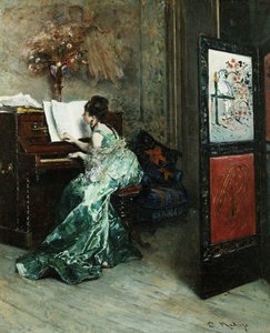 Eine Dame spielt Klavier in einem Innenraum von Raimundo de Madrazo y Garreta