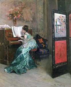 Dame spielt Klavier im Innenraum von Raimundo de Madrazo y Garreta