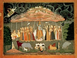 Krishna stützt den Berg Govardhana von Ustad Sahibdin, Bikaner