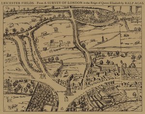 Leicester Fields, aus einer Vermessung von London in der Regierungszeit von Königin Elizabeth von Ralph Agas
