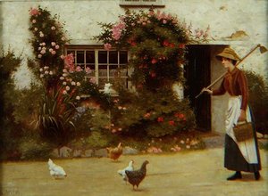 Junges Mädchen mit einer Hacke vor einem Cottage von Ralph Todd