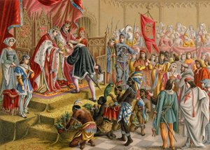Die spanischen Monarchen empfangen Kolumbus in Barcelona nach seiner ersten Reise von Ramon Puiggari