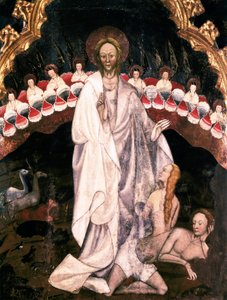 Die Erschaffung der Welt, darunter die Erschaffung Evas, Detail des Altars der Kirche San Sebastian de Guimera. Gemälde auf Holz von Ramon de Mur (1402-1412). Bischofsmuseum von Vic, Katalonien, Spanien von Ramon de Mur