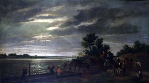 Eine Kutsche und Pferde, die nachts in Holland auf der Leck in eine Fähre einsteigen von Ramsay Richard Reinagle