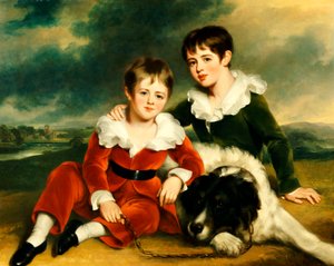 Porträt von zwei Jungen mit ihrem Neufundländer Hund von Ramsay Richard Reinagle