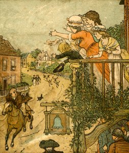 John Gilpin galoppiert am Bell Inn vorbei, während seine Frau und Kinder vom Balkon winken von Randolph Caldecott
