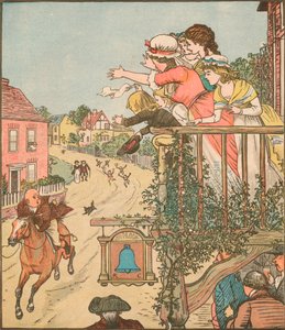 John Gilpin galoppiert am Bell Inn vorbei, während seine Frau und Kinder vom Balkon winken, 1878, um 1918 von Randolph Caldecott