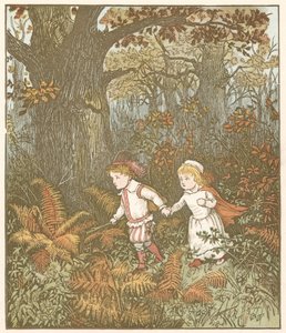 Die Kinder im Wald. Waisenkinder werden von Schurken, die vom bösen Onkel angeheuert wurden, ermordet. Ein Schurke bereut und tötet den anderen, dann verlässt er die Kinder, die im Wald sterben und von Rotkehlchen mit Blättern bedeckt werden. Illustration 