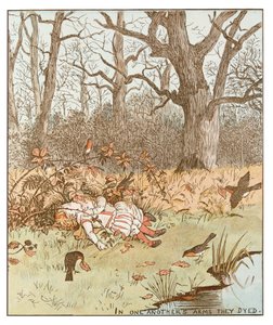 Die Kinder im Wald. Waisenkinder werden von Schurken, die vom bösen Onkel angeheuert wurden, ermordet. Ein Schurke bereut und tötet den anderen, dann lässt er die Kinder im Wald zurück, wo sie sterben und von Rotkehlchen mit Blättern bedeckt werden. Illust von Randolph Caldecott