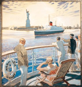 Erste Reise des Dampfschiffs Normandie, Der Eingang zum Hafen von New York von Raoul Du Gardier