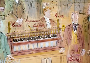 La Fee Electricite, Detail: Porträts von Anthony Carlisle, englischer Chirurg, und Humphry Davy, englischer Chemiker. 1937 von Raoul Dufy