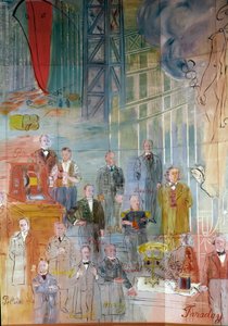 Die Fee Elektrizität, Detail: Porträts verschiedener Intellektueller und Wissenschaftler: Antonio Pacinotti, Zénobe Gramme, Josiah Willard Gibbs, Charles Algernon Parsons, Marc Seguin, Auguste Camille Rateau, Jean Victor Poncelet und Michael Faraday. 1937 von Raoul Dufy