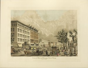 Ecke State und Washington Streets, Chicago, im Jahr 1865 von Raoul Varin