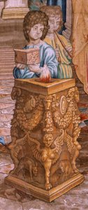Flandrischer Wandteppich. Serie Taten der Apostel. Paulus und Barnabas in Lystra. Achter Wandteppich in der Serie, er wurde in zwei Teile geteilt, um ihn an den Raum anzupassen. Modellzeichnung von Rafael Sanzio. Herstellung Jan Raes, Brüssel. 1519.
