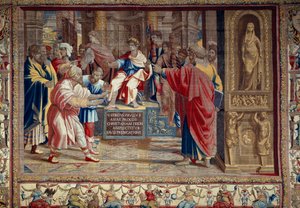 Leben der Apostel Petrus und Paulus: „die Bestrafung des Barjesu (Elymas) jüdischer Magier, der sich Paulus widersetzte und vorübergehend blind war“. Die Szene spielt vor dem römischen Prokonsul Lucius Sergius Paulus und dem heiligen Barnabas. Man kann die