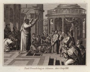 Raphael-Karton: Paulus predigt in Athen, Apostelgeschichte, Kapitel XVII (Gravur) von after Raphael