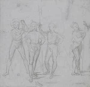Gruppe von vier stehenden Soldaten (Silberstift auf blau-grauer Vorbereitung auf cremefarbenem Papier) von Raphael
