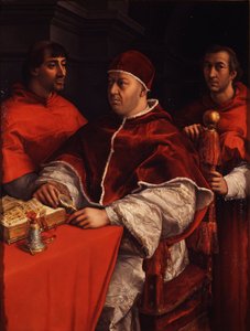 Porträt von Papst Leo X. mit den Kardinälen Giulio de Medici und Luigi de Rossi, ca. 1518 von Raffaello Sanzio Raphael