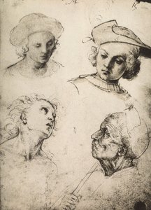 Studie von vier männlichen Gesichtern; Zeichnung von Raphael. Gallerie dell