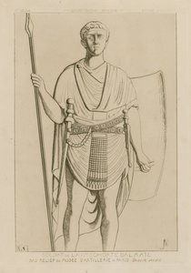 Soldat der IV. Kohorte Dalmatien. Basrelief des Artilleriemuseums in Paris. Unveröffentlichte Zeichnung. Militärische Kostüme - Infanterie - Weströmisches Reich.