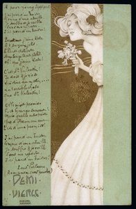 Halb Jungfrau und Gedicht von Paul Verlaine - Postkarte, von Raphael Kirchner (1876-1917), Anfang 20. Jahrhundert