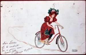 Postkarte einer Frau auf einem Fahrrad - Illustration von R. Kirchner, ca. 1900 von Raphael Kirchner