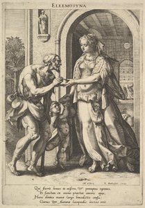 Almosenvergabe: eine Frau mit Perlenkopfschmuck und Heiligenschein reicht zwei männlichen Bettlern Brot von Raphael Sadeler