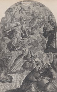 Die Vision des Heiligen Dominikus, mit Gott dem Vater und Christus oben in der Mitte, die Jungfrau stehend