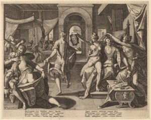Sardanapalus unter den Konkubinen von Raphael Sadeler I after Joos van Winghe