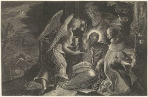 Christus wird in Gethsemane von einem Engel, dem Heiligen Dominikus und der Heiligen Katharina von Siena getröstet von Raphaël Sadeler (II)