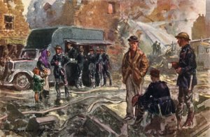 Feuerwehrleute des britischen National Fire Service im Krieg nutzen eine mobile Kantine während des Blitzes, Zweiter Weltkrieg