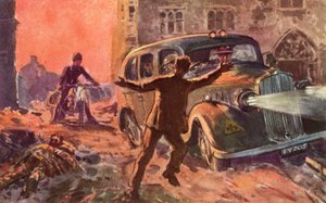 Feuerwehrmänner des britischen National Fire Service im Krieg werden auf das Vorhandensein eines schwer verwundeten Opfers eines Luftangriffs aufmerksam gemacht, Zweiter Weltkrieg