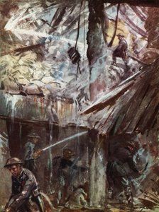 Feuerwehrmänner des britischen Nationalen Feuerwehrdienstes löschen nach einem Luftangriff während des Blitzes, Zweiter Weltkrieg