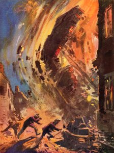 Feuerwehrleute des britischen National Fire Service im Zweiten Weltkrieg rennen vor einem einstürzenden Gebäude während des Blitzes