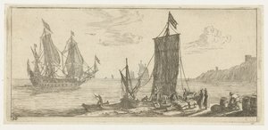 Bucht mit einem Hoeker und einem Kriegsschiff von Reinier Nooms