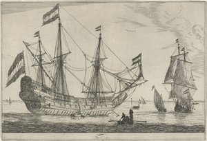 Großes Segelschiff und ein Ruderboot von Reinier Nooms