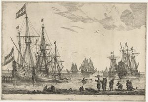 Vier Segelschiffe hinter einem Wellenbrecher (Dreizehn Szenen mit Schiffen) von Reinier Nooms