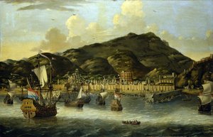 Niederländische Schiffe vor der Küste von Tripolis (Libyen), mit den befestigten Mauern des Hafens und der Stadt. Ölmalerei von Reinier Nooms (1623-1667) von Reinier Zeeman