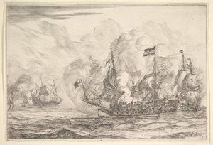 Seeschlacht mit drei Schiffen rechts, aus Seeschlachten Nieuwe Scheeps Bat..., 1652-54 von Reinier Zeeman