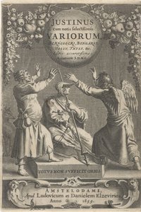 Minerva und zwei gefesselte Figuren Titelblatt für: A. Thysius, Justinus cum notis selectissimis variorum Berneggerj, Bongarsy, Vossy, Thysy, &c, 1659